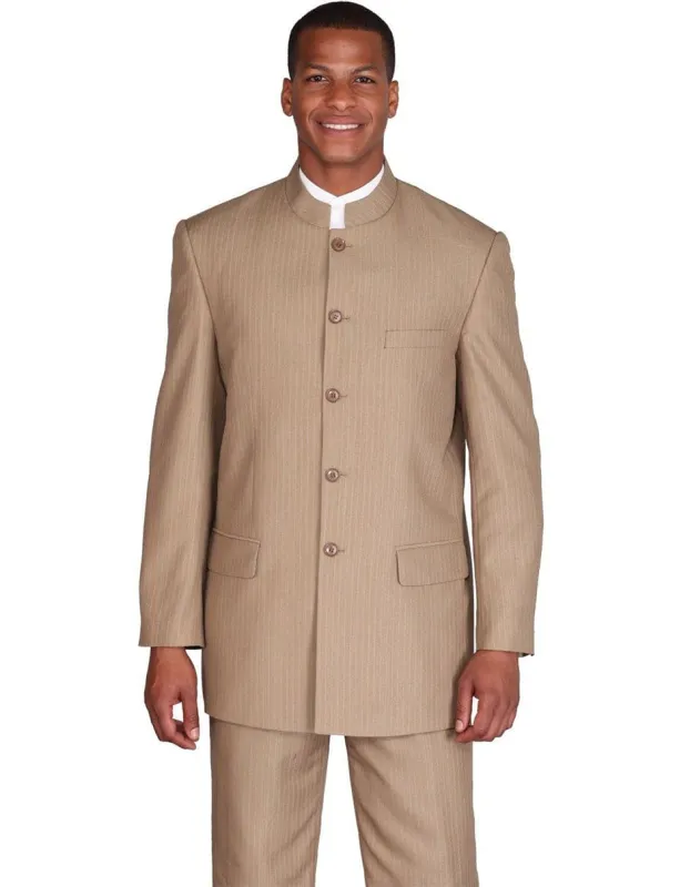 Mens 5 Button Mandarin Collar   Fit Suit in Tan Pinstripe sold by Alberto Nardoni