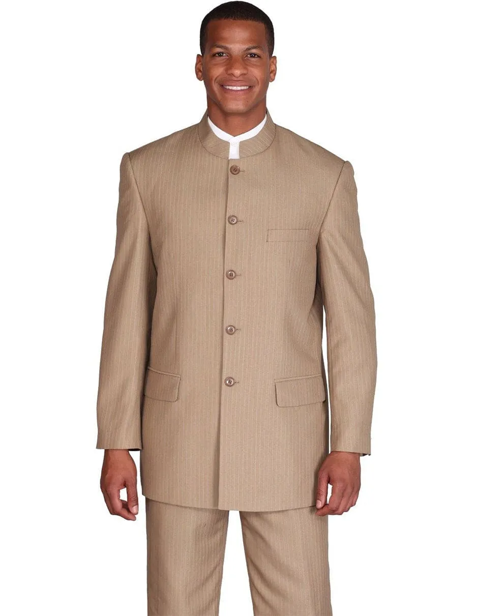 Mens 5 Button Mandarin Collar Fit Suit in Tan Pinstripe sold by Alberto Nardoni