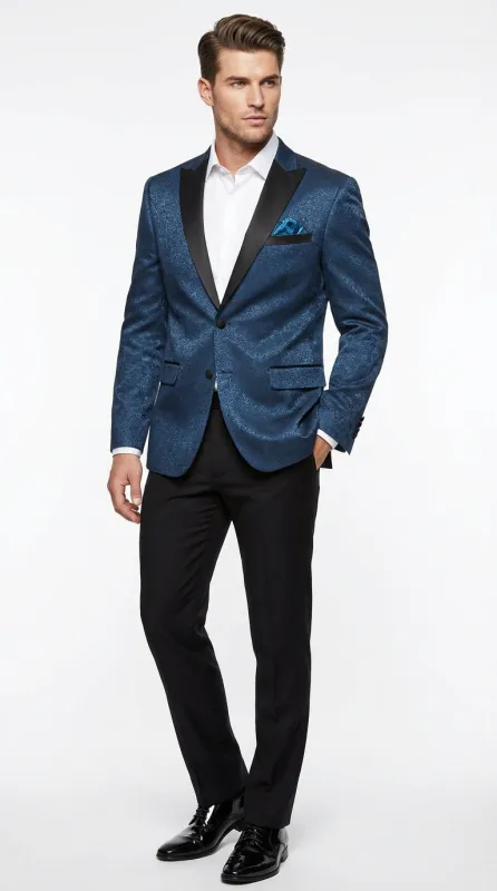 Mens Teal Blue Jacquard Paisley Blazer – Black Peak Lapel Formal Dinner Jacket Slim Fit sold by Alberto Nardoni