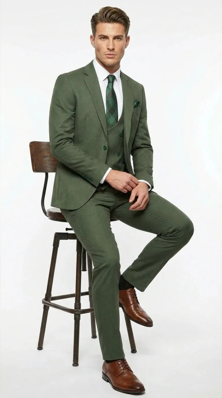 Men’s Forest Green Three Piece Suit – Double Breasted Vest Formal Wedding and Business Suit Set Olive Green Slim Fit sold by Alberto Nardoni product image thumbnail 5