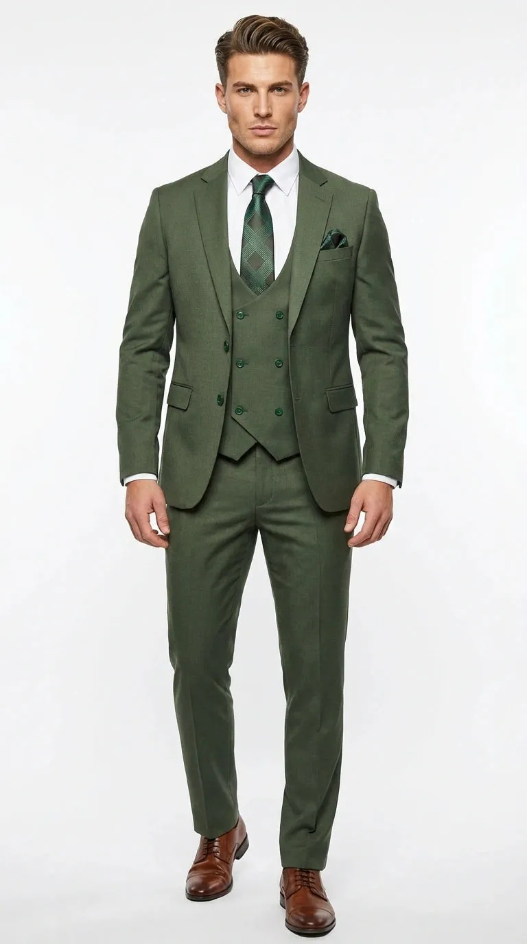 Men’s Forest Green Three Piece Suit – Double Breasted Vest Formal Wedding and Business Suit Set Olive Green Slim Fit sold by Alberto Nardoni product image thumbnail 2