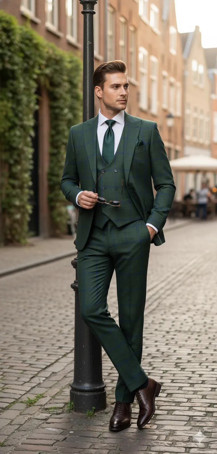 Mens Green Plaid 3-Piece Suit - Classic Check Slim Fit Suit for Weddings, Church, and Formal By Rossiman sold by Alberto Nardoni product image thumbnail 4