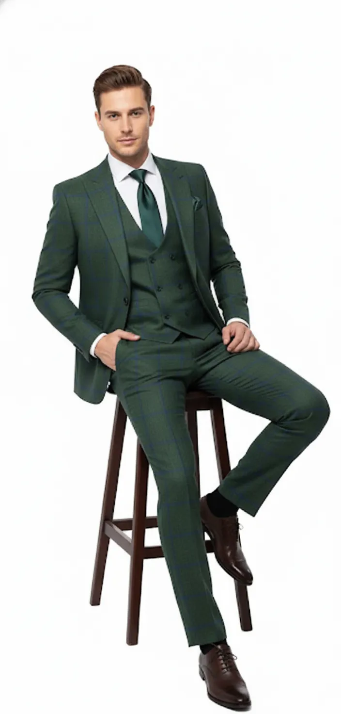 Mens Green Plaid 3-Piece Suit - Classic Check Slim Fit Suit for Weddings, Church, and Formal By Rossiman sold by Alberto Nardoni product image thumbnail 5