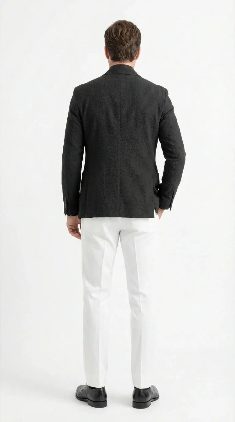 Men’s Black Seersucker Blazer – Textured Two-Button Notch Lapel Formal & Summer Sport Jacket in Black Tone-on-Tone Cotton Fabric sold by Alberto Nardoni product image thumbnail 4