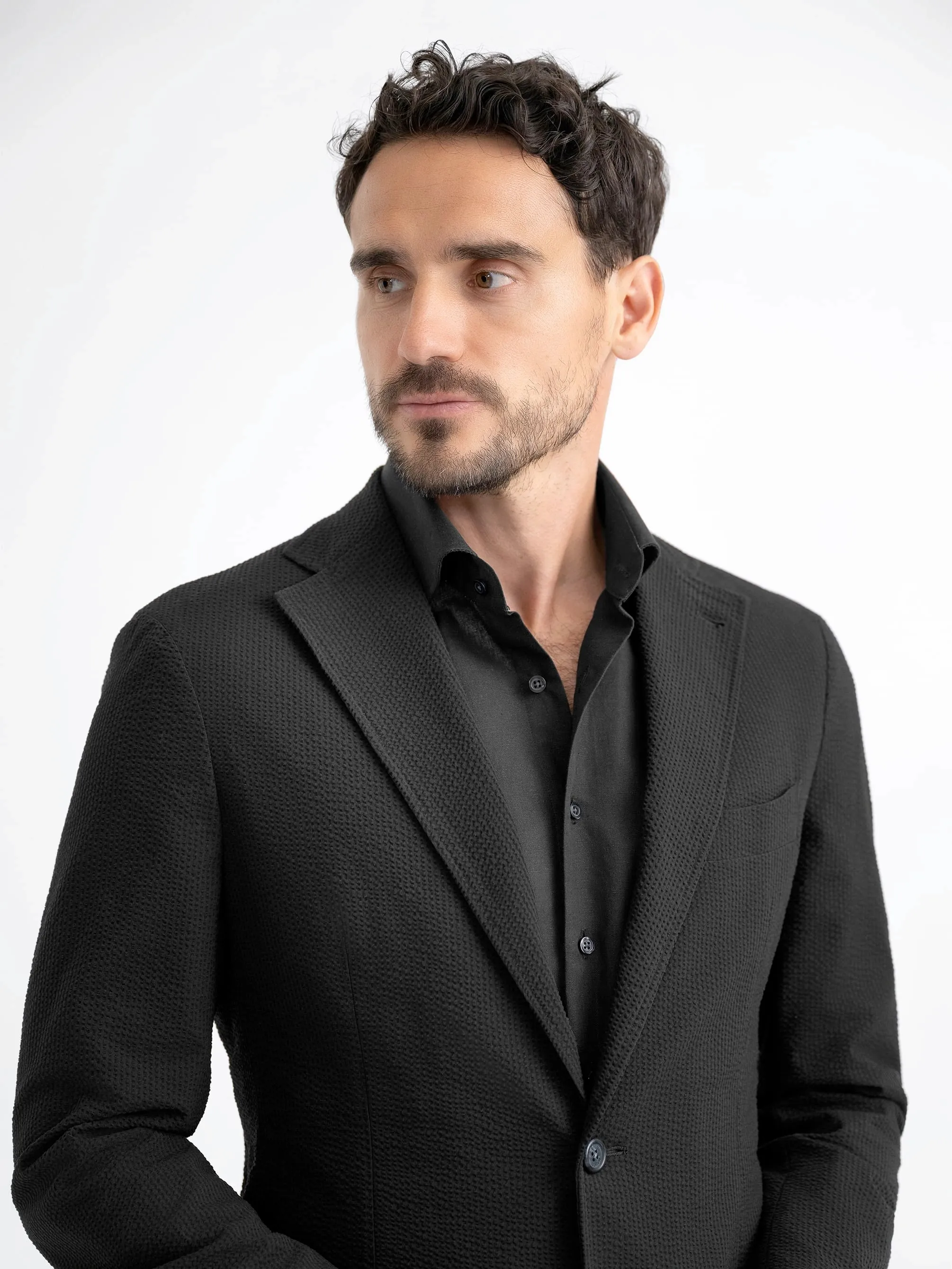 Men’s Black Seersucker Blazer – Textured Two-Button Notch Lapel Formal & Summer Sport Jacket in Black Tone-on-Tone Cotton Fabric sold by Alberto Nardoni