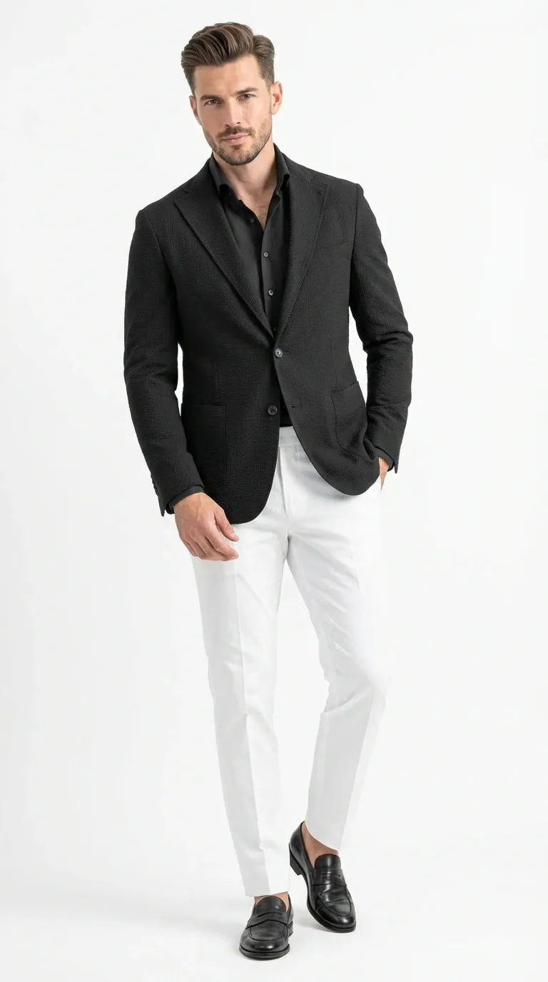 Men’s Black Seersucker Blazer – Textured Two-Button Notch Lapel Formal & Summer Sport Jacket in Black Tone-on-Tone Cotton Fabric sold by Alberto Nardoni product image thumbnail 3