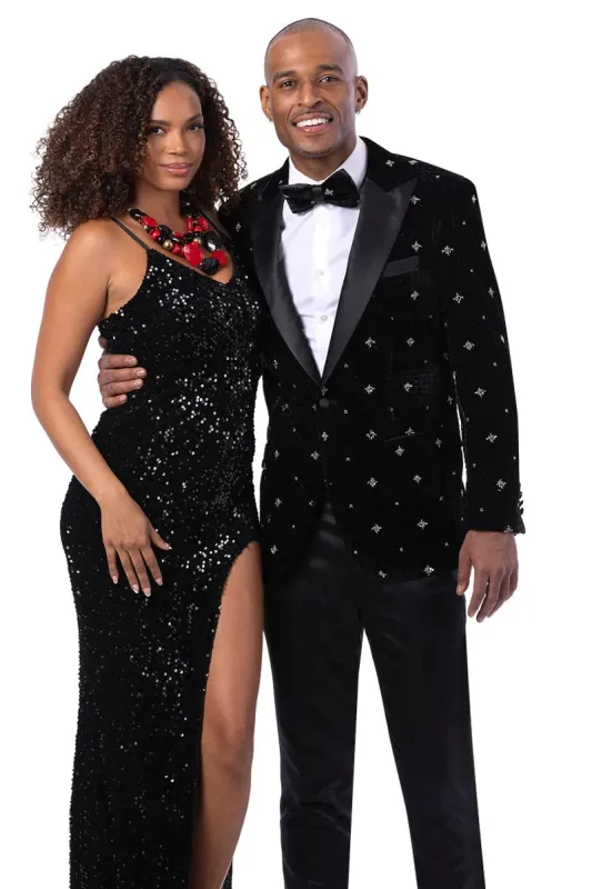Men’s Designer Black Velvet Star Embroidered Tuxedo for Prom and Wedding made by Alberto Nardoni