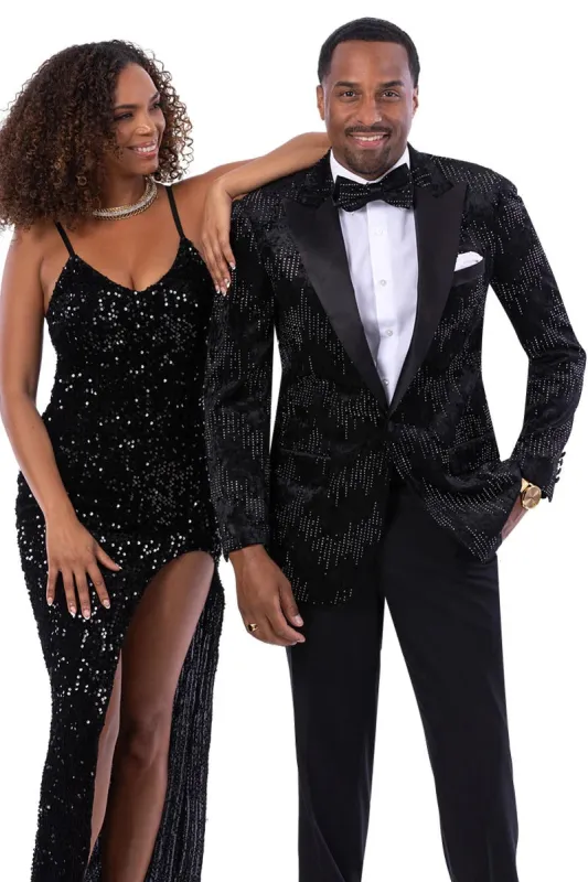 Men’s Black Studded Velvet Tuxedo Jacket – Prom and Wedding Wear made by Alberto Nardoni