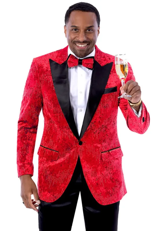 Men’s Red Velvet Studded Prom Tuxedo Jacket – Wedding and Formal Wear made by Alberto Nardoni
