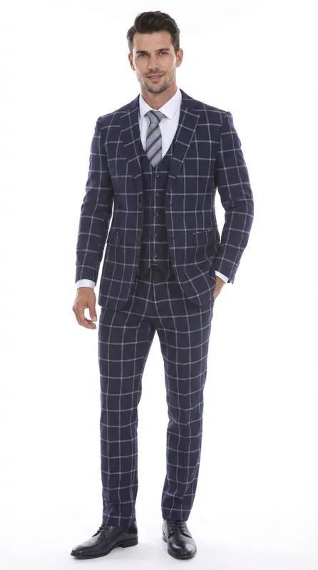 Men’s Navy Blue Windowpane Check Three Piece Suit – Modern Plaid Formal Vested Suit made by Alberto Nardoni