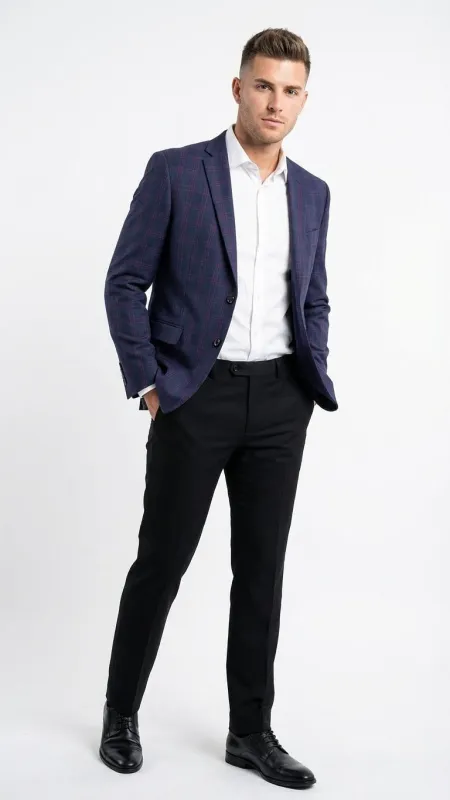 Mens Big and Tall Navy Blue with Burgundy Plaid Jacket and Sport Coat Wool Blazer made by Alberto Nardoni