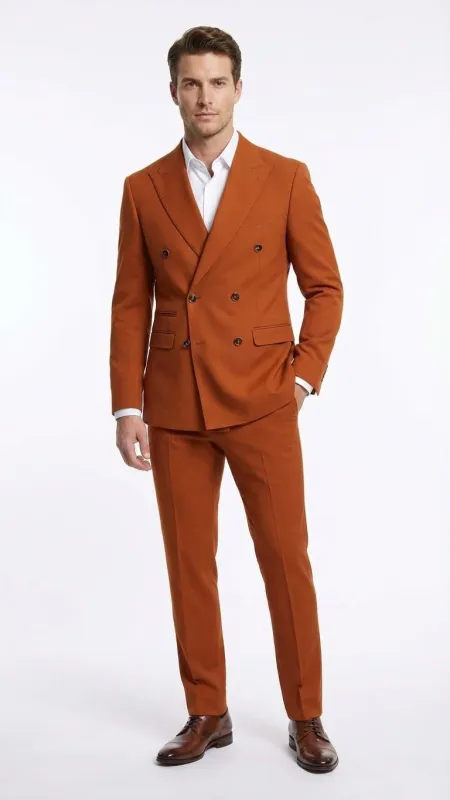 Vitali Brand Mens Burnt Orange Double Breasted Suit in Rust Brick Copper Color sold by Alberto Nardoni