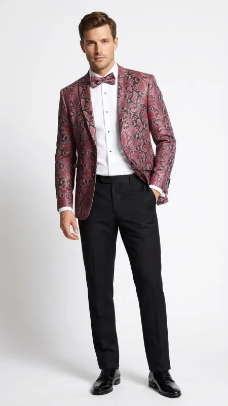 Mens Burgundy and Black Snakeskin Print Blazer Alligator Crocodile Sport Jacket Exotic Skin made by Alberto Nardoni