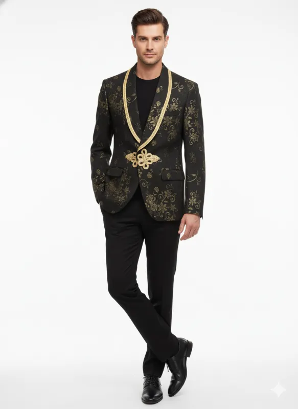 Mens Black and Gold Embroidered Luxury Blazer Designer Floral Pattern Wedding & Party Jacket (Sim534) sold by Alberto Nardoni