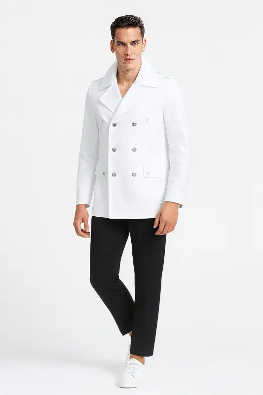 Mens White Double-Breasted Peacoat Jacket Classic Stylish Outerwear Wool Fabric Slim Fitted sold by Alberto Nardoni