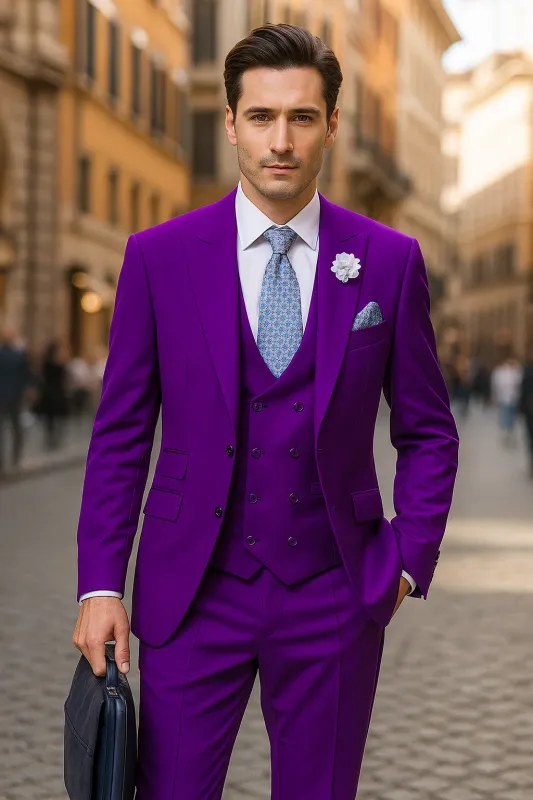 Designer Mens Purple Suit Peak Lapel, Double-Breasted Vest, 3-Piece made by Alberto Nardoni