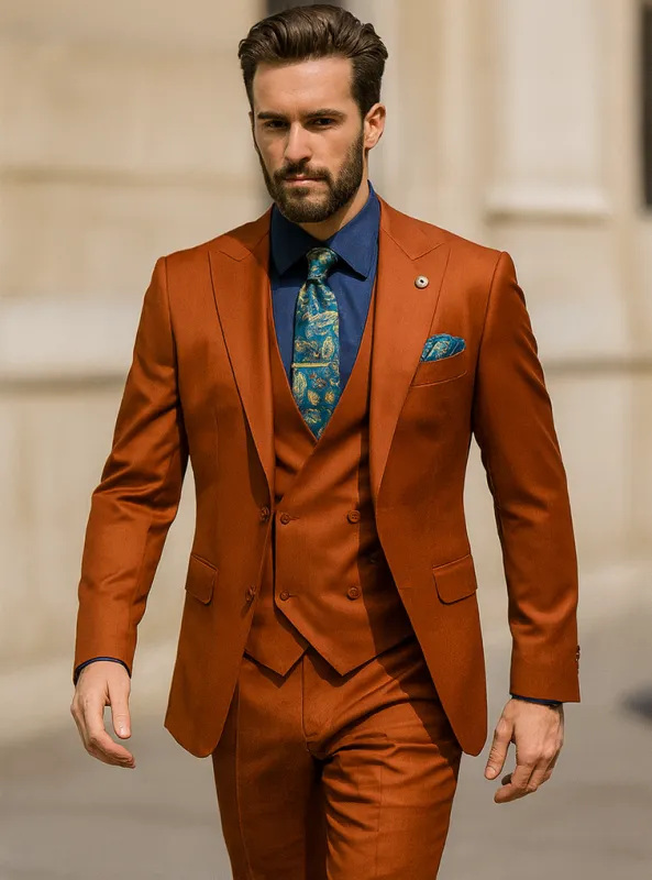 Luxury Mens Orange Suit with Vest and Navy Shirt Modern Style sold by Alberto Nardoni