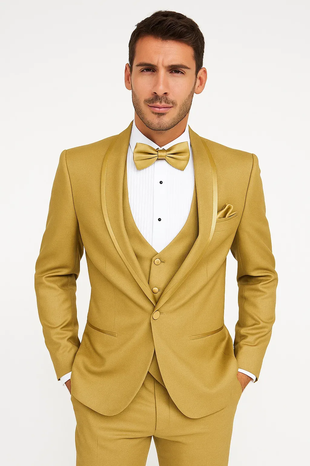 Mens Champagne Wedding Tuxedo Vested Suit with Satin Shawl Collar sold by Alberto Nardoni product image thumbnail 3