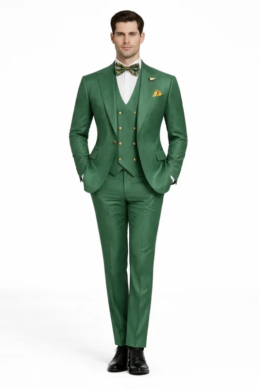 Mens Green Slim Fit Suit by Rossiman Stylish Double-Breasted Vest & Flat Front Pants sold by Alberto Nardoni