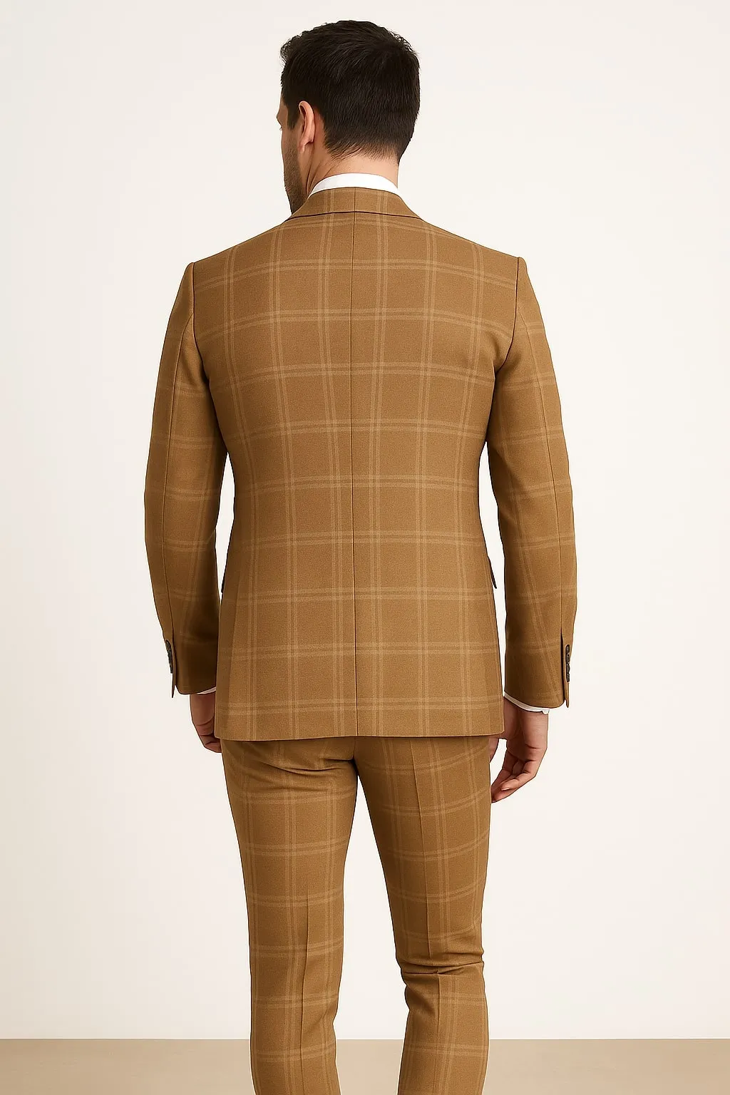 Tan Windowpane Plaid Suit Rossiman Double-Breasted Mens Two-Piece in Camel sold by Alberto Nardoni product image thumbnail 3