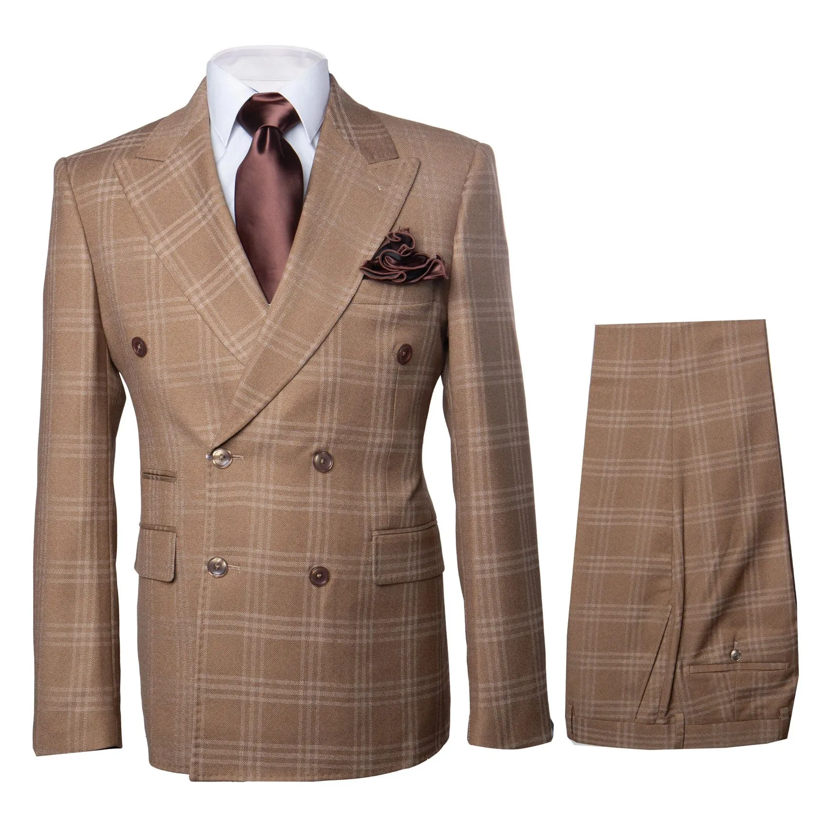 Tan Windowpane Plaid Suit Rossiman Double-Breasted Mens Two-Piece in Camel sold by Alberto Nardoni product image thumbnail 4