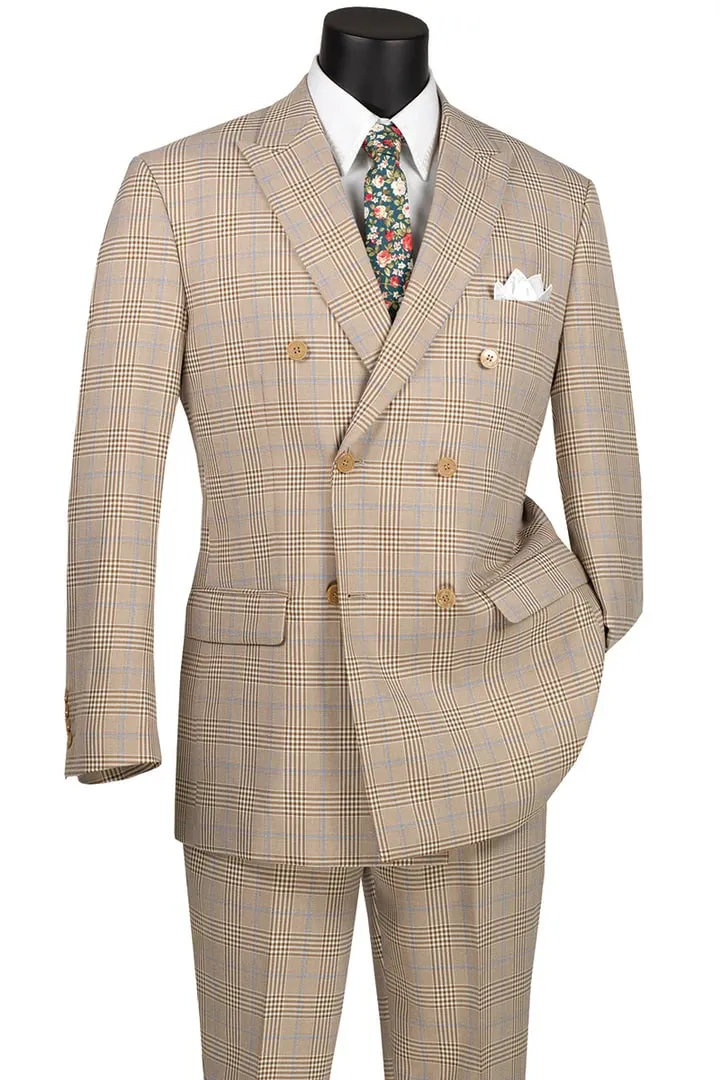 Mens Plaid Suit - Patterned Business Suit -Mens Double Breasted Windowpane Plaid Suit In Tan sold by Alberto Nardoni