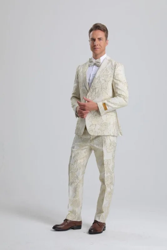 Men's Ivory & Gold Floral Paisley Prom Tuxedo sold by Alberto Nardoni