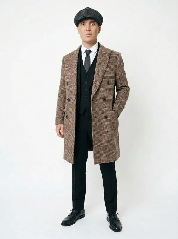 Mens Peaky Blinders Gray Plaid Double Breasted Overcoat + Suit  Peaky Blinders Vintage Wool Blend Coat 1920s made by Alberto Nardoni