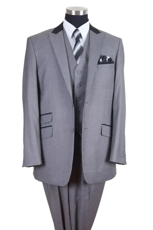 Men’s Light Gray Three Piece Suit with Black Chesterfield Collar – Classic Formal Wedding and Business Suit Set 1920s Vintage made by Alberto Nardoni