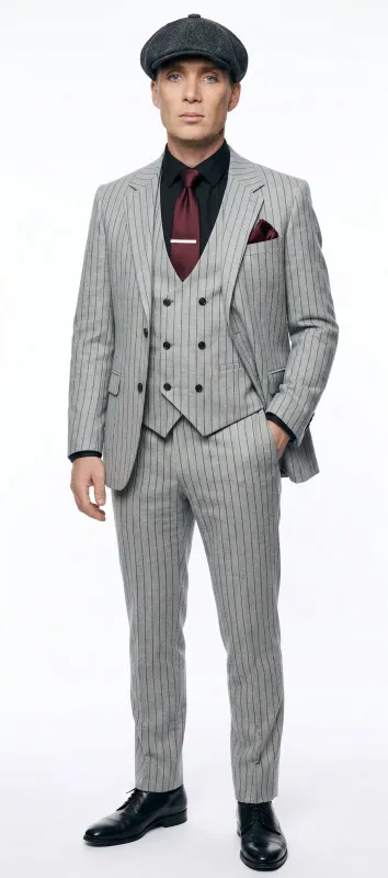 Mens Light Gray and Black Pinstripe 3 Piece Suit – Peaky Blinders Inspired Vintage Gangster 1920s Suit made by Alberto Nardoni