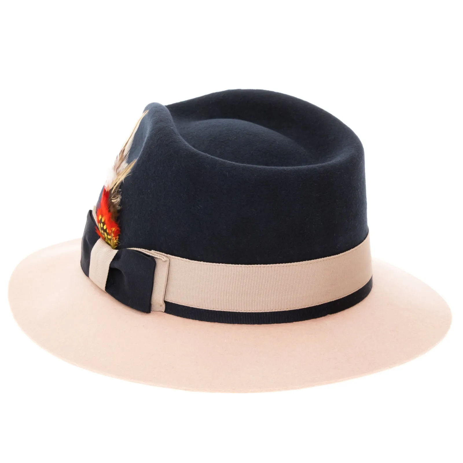 Men's Two Tone Trilby Fedora Dress Hat with Contrast Band in White & Navy sold by Alberto Nardoni