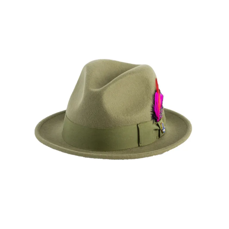Mens Narrow Brim Crushable Wool Dress Hat Trilby Fedora in Olive Green made by Alberto Nardoni