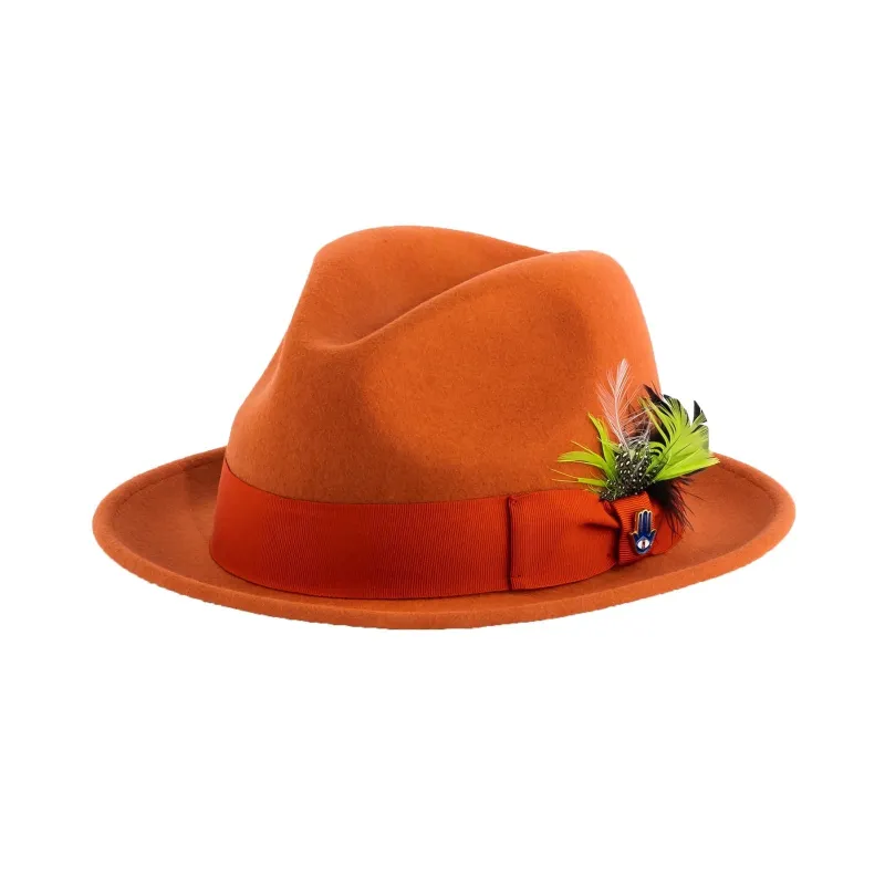 Mens Narrow Brim Crushable Wool Dress Hat Trilby Fedora in Orange Rust made by Alberto Nardoni