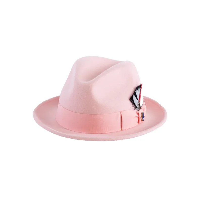 Mens Narrow Brim Crushable Wool Dress Hat Trilby Fedora in Pink made by Alberto Nardoni