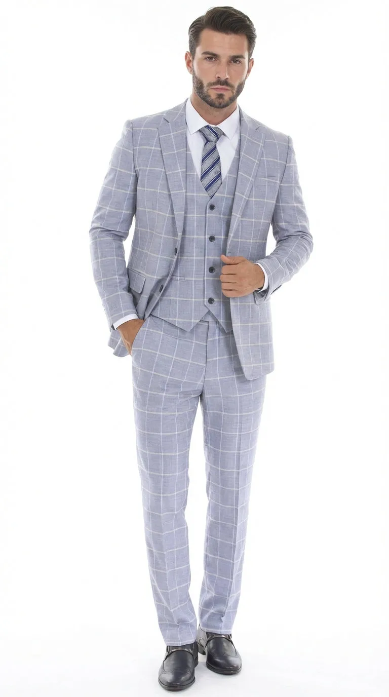 Mens Light Blue Plaid Three Piece Suit – Windowpane Check Wedding and Business Formal Suit Set sold by Alberto Nardoni