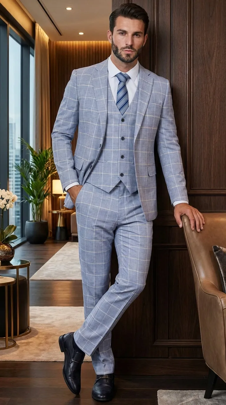 Mens Light Blue Plaid Three Piece Suit – Windowpane Check Wedding and Business Formal Suit Set sold by Alberto Nardoni product image thumbnail 3