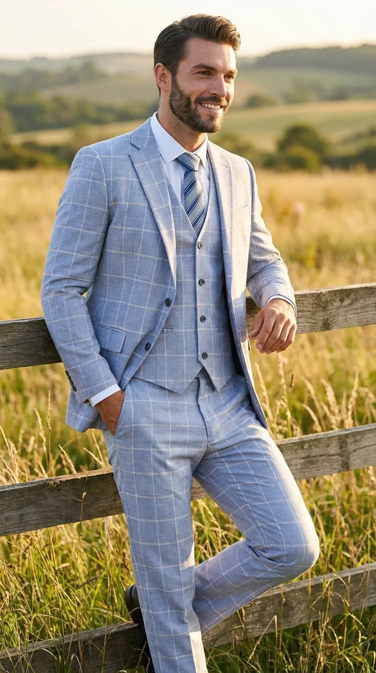 Mens Light Blue Plaid Three Piece Suit – Windowpane Check Wedding and Business Formal Suit Set sold by Alberto Nardoni product image thumbnail 2
