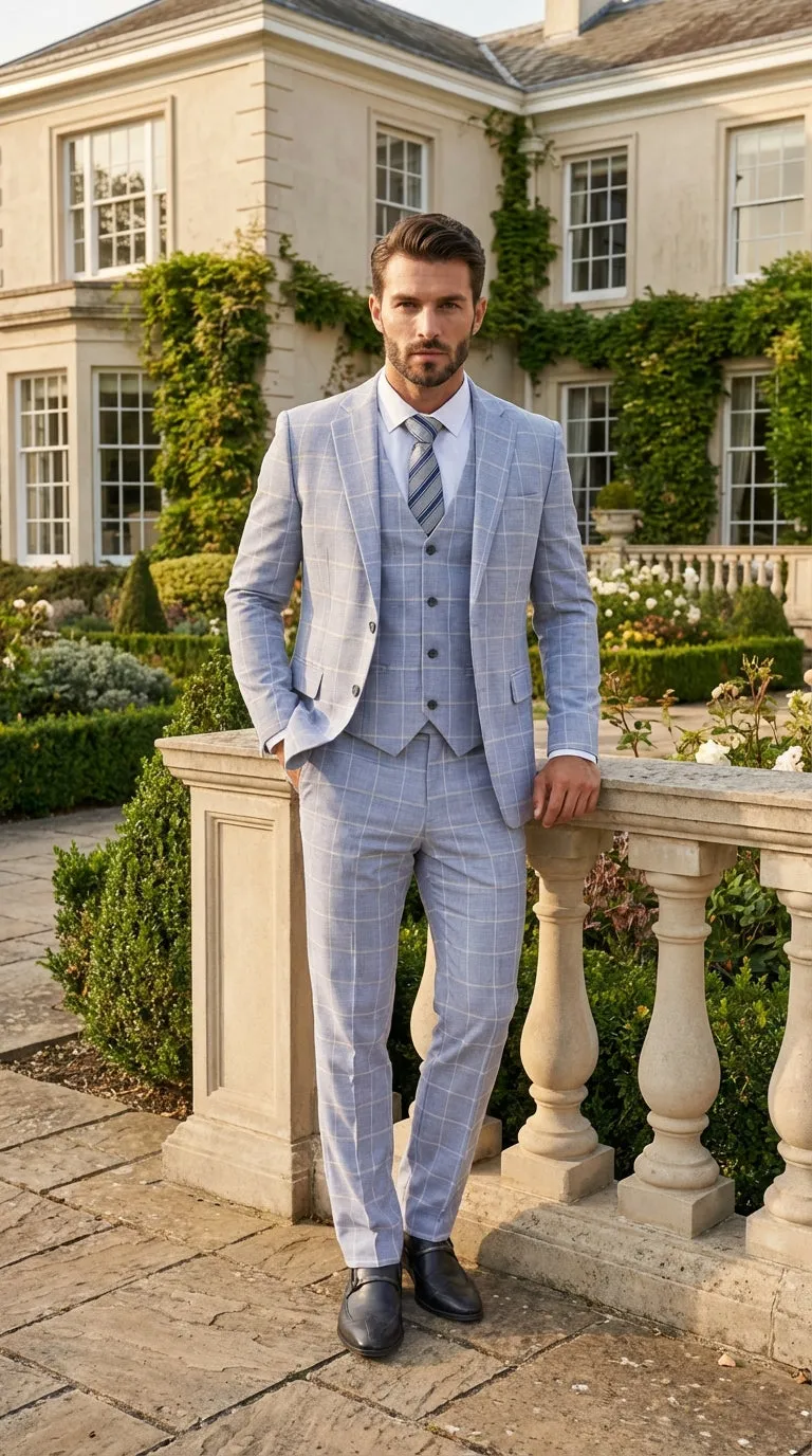 Mens Light Blue Plaid Three Piece Suit – Windowpane Check Wedding and Business Formal Suit Set sold by Alberto Nardoni product image thumbnail 5