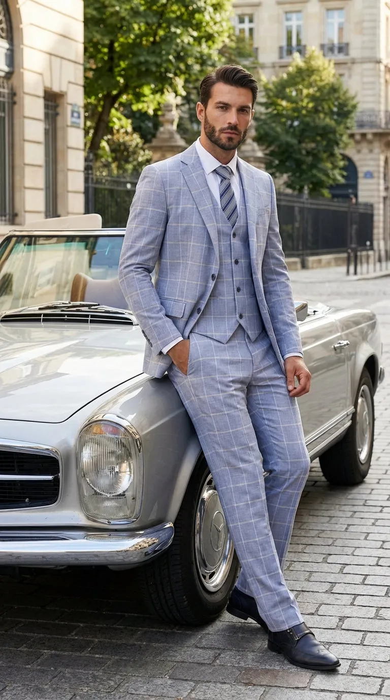 Mens Light Blue Plaid Three Piece Suit – Windowpane Check Wedding and Business Formal Suit Set sold by Alberto Nardoni product image thumbnail 4