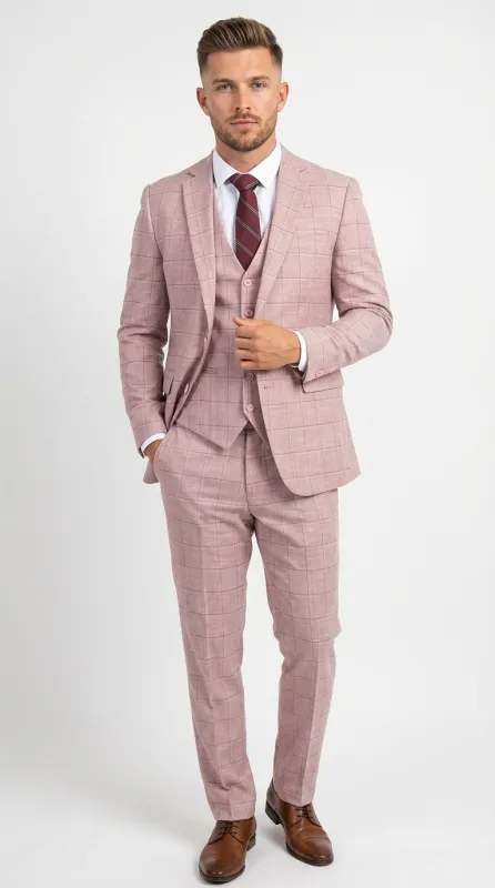 Mens Dusty Rose Three Piece Plaid Suit – Pink Check Wedding and Business Formal Suit Set Windowpane Pattern sold by Alberto Nardoni