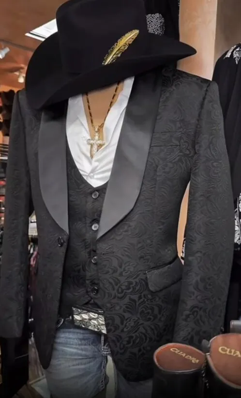 Men’s Black Paisley Jacquard Western Blazer with Satin Shawl Lapel, Formal Designer Sport Coat sold by Alberto Nardoni