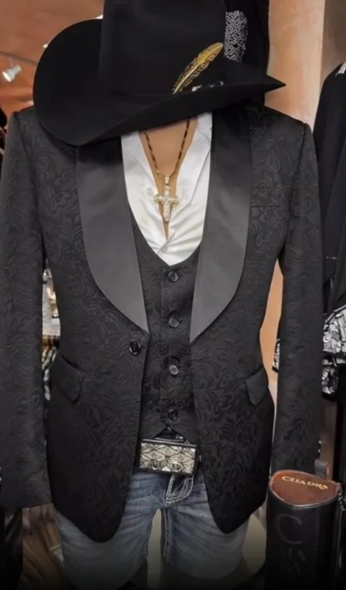Men’s Black Paisley Jacquard Western Blazer with Satin Shawl Lapel, Formal Designer Sport Coat sold by Alberto Nardoni product image thumbnail 2