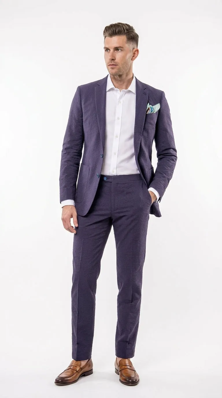 Mens Navy Blue Seersucker Suit – Cotton Fabric Shadow Pattern Ton on Tone Textured Two Button Notch Lapel Formal Summer Suit sold by Alberto Nardoni