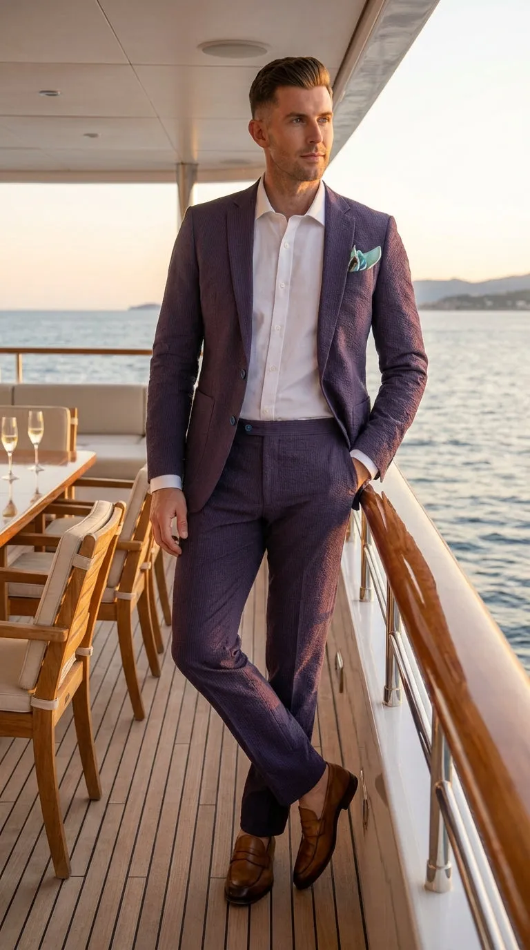 Mens Navy Blue Seersucker Suit – Cotton Fabric Shadow Pattern Ton on Tone Textured Two Button Notch Lapel Formal Summer Suit sold by Alberto Nardoni product image thumbnail 2