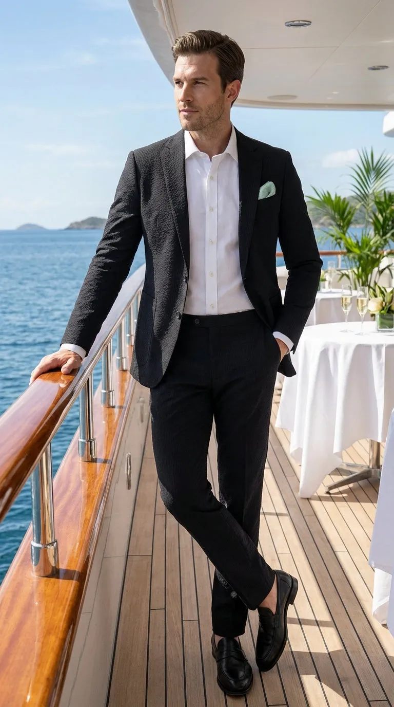 Mens Black Seersucker Suit – Shadow Ton on Ton Mini Textured Two Button Cotton Fabric Formal Summer Suit sold by Alberto Nardoni product image thumbnail 5