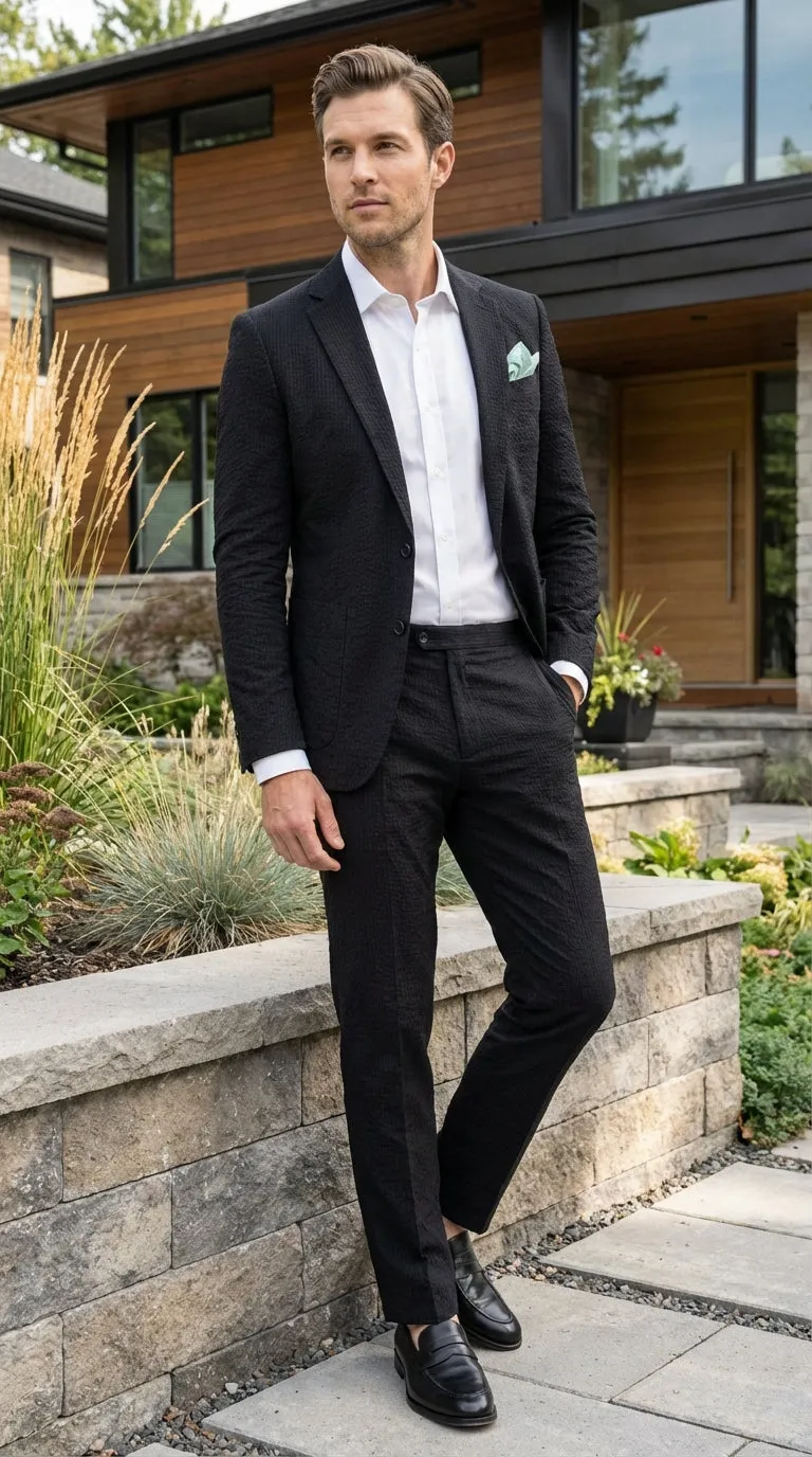 Mens Black Seersucker Suit – Shadow Ton on Ton Mini Textured Two Button Cotton Fabric Formal Summer Suit sold by Alberto Nardoni product image thumbnail 3