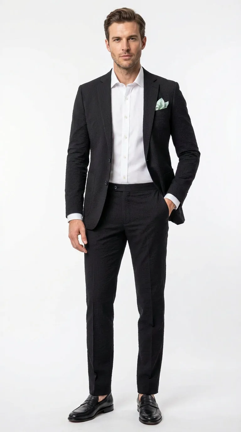 Mens Black Seersucker Suit – Shadow Ton on Ton Mini Textured Two Button Cotton Fabric Formal Summer Suit sold by Alberto Nardoni