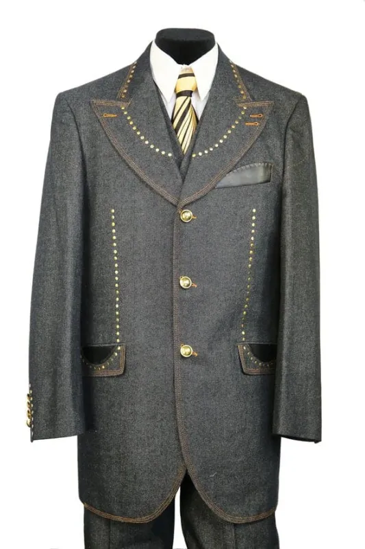 Denim Suit - Cotton Fabric Vested Suit - 3 Pieces Suit - Vested Fancy Zoot Suit made by Alberto Nardoni