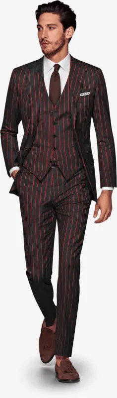 Mens 2 button Gangster Pinstripe Suit in Black & Red sold by Alberto Nardoni
