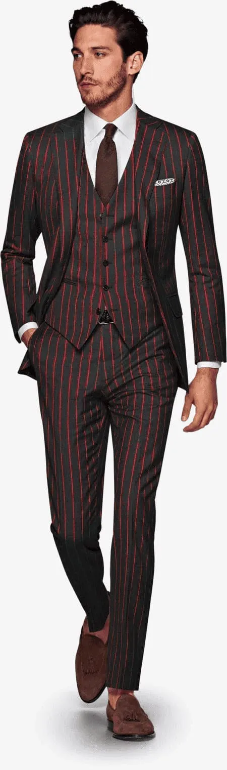 Mens 2 button Gangster Pinstripe Suit in Black & Red sold by Alberto Nardoni